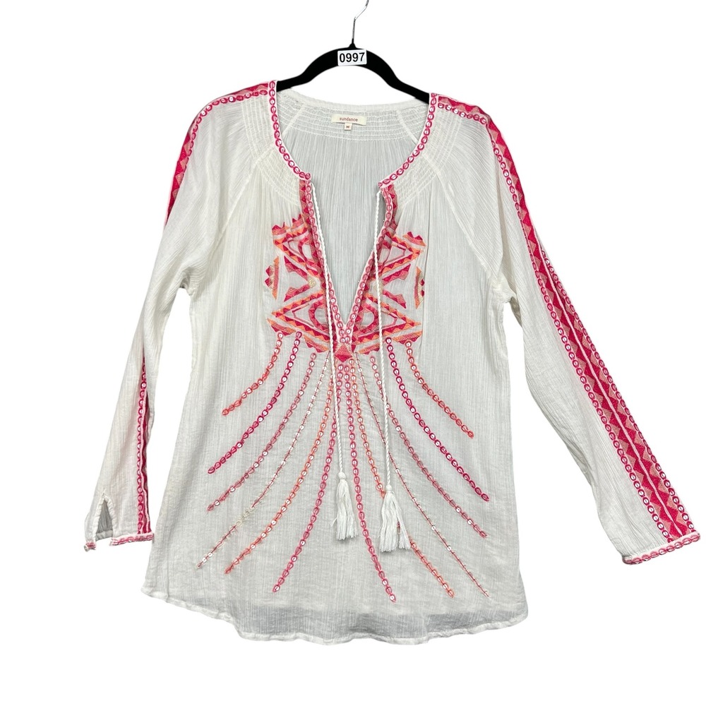 Sundance Tunic Top Womens Medium White Pink Embroidered Sequin Boho Blouse